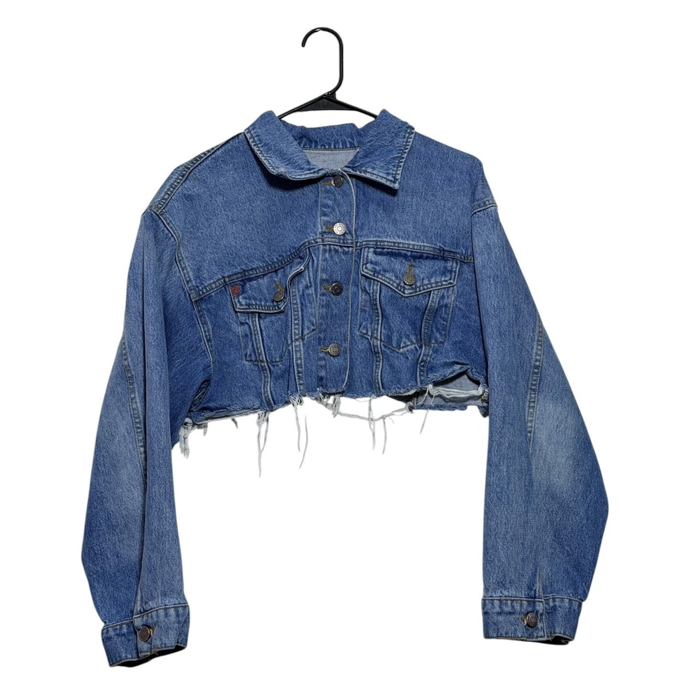 BDG Urban Outfitters Edgy Cropped Denim Jacket Raw Hem Medium Wash Size Large